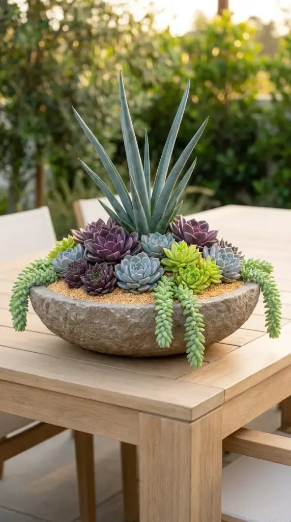 Professional thriller filler spiller succulent arrangement with a gravel top dressing.