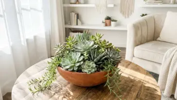 A beautiful and low maintenance indoor succulent arrangement centerpiece in a terracotta bowl on a modern wooden table.