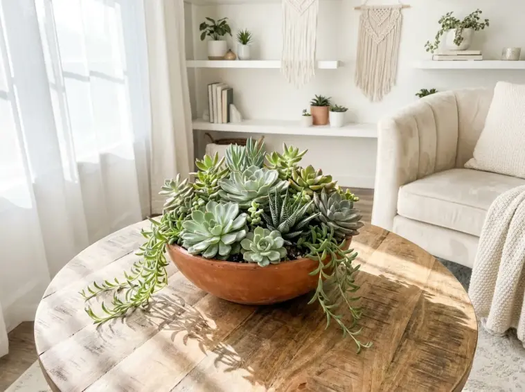 A beautiful and low maintenance indoor succulent arrangement centerpiece in a terracotta bowl on a modern wooden table.