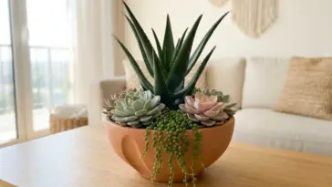 A flawless indoor succulent garden arrangement in a terracotta pot styled on a bright living room table.