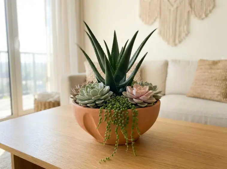 A flawless indoor succulent garden arrangement in a terracotta pot styled on a bright living room table.