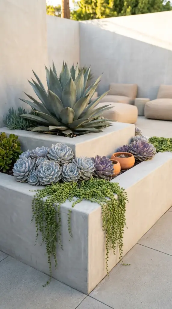 A tiered succulent garden layout displaying height variation with thriller, filler, and spiller plant elements.