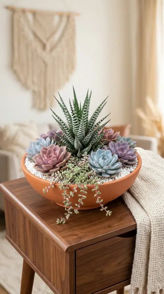 A DIY succulent bowl centerpiece using the thriller filler spiller garden design layout finished with polished rock top dressing.