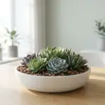 A beautiful modern minimalist succulent garden design arranged perfectly in a white ceramic bowl on a wooden dining room table.
