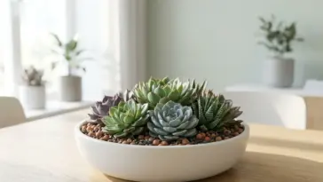 A beautiful modern minimalist succulent garden design arranged perfectly in a white ceramic bowl on a wooden dining room table.