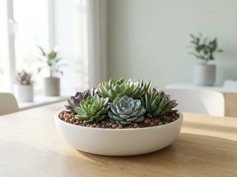 A beautiful modern minimalist succulent garden design arranged perfectly in a white ceramic bowl on a wooden dining room table.