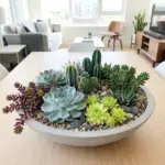 Beautiful succulent garden design arrangement in a modern concrete bowl container displaying different textures and colors.