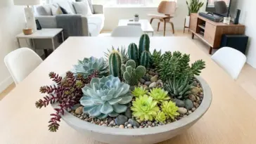 Beautiful succulent garden design arrangement in a modern concrete bowl container displaying different textures and colors.