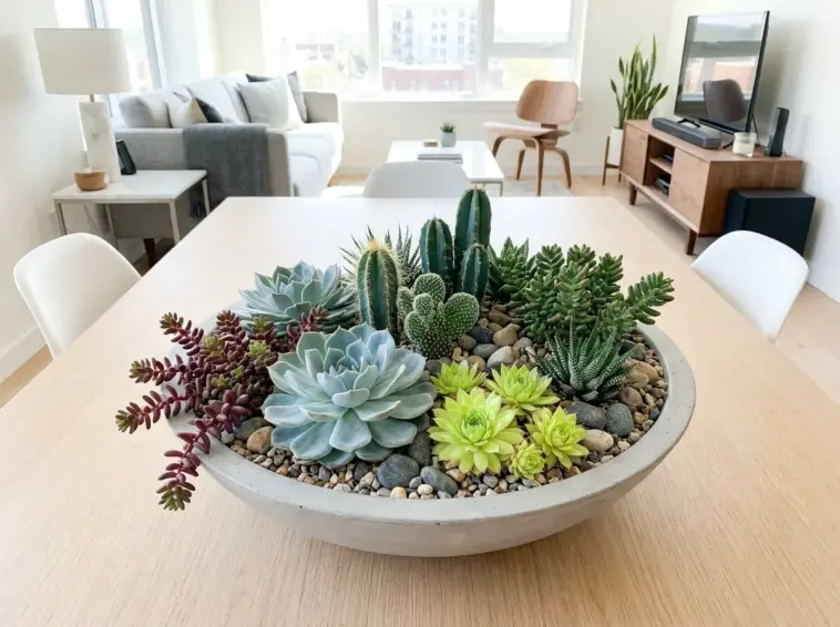 Beautiful succulent garden design arrangement in a modern concrete bowl container displaying different textures and colors.
