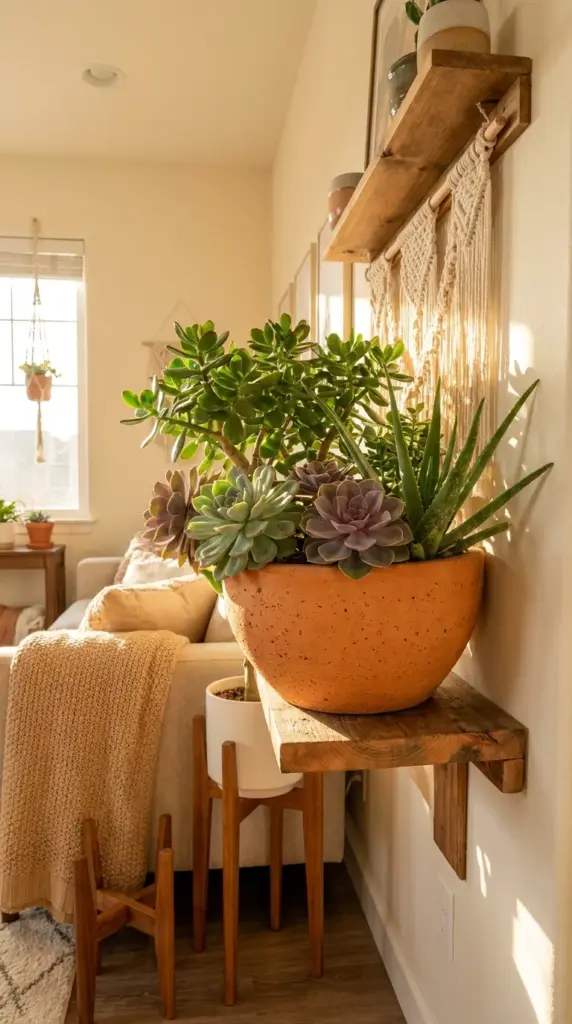 A thriving, healthy indoor succulent garden design planted inside a traditional breathable terra cotta pot within a bright, modern living room.