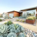 A professionally landscaped front yard featuring a modern succulent garden design with diverse textures and layers.