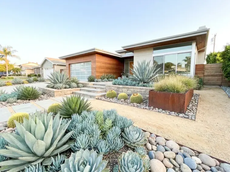 A professionally landscaped front yard featuring a modern succulent garden design with diverse textures and layers.
