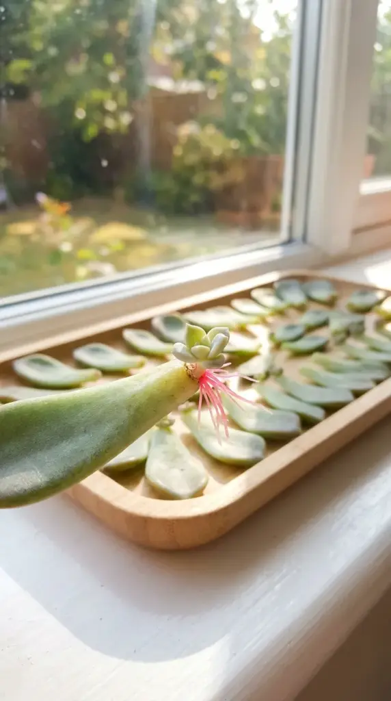 Tiny pink roots growing from succulent leaf propagation on a sunny windowsill.