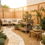 A beautifully designed small backyard succulent garden layout featuring modern patio decor and drought-tolerant landscaping.