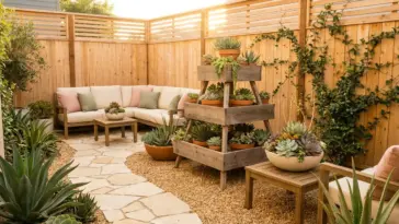 A beautifully designed small backyard succulent garden layout featuring modern patio decor and drought-tolerant landscaping.