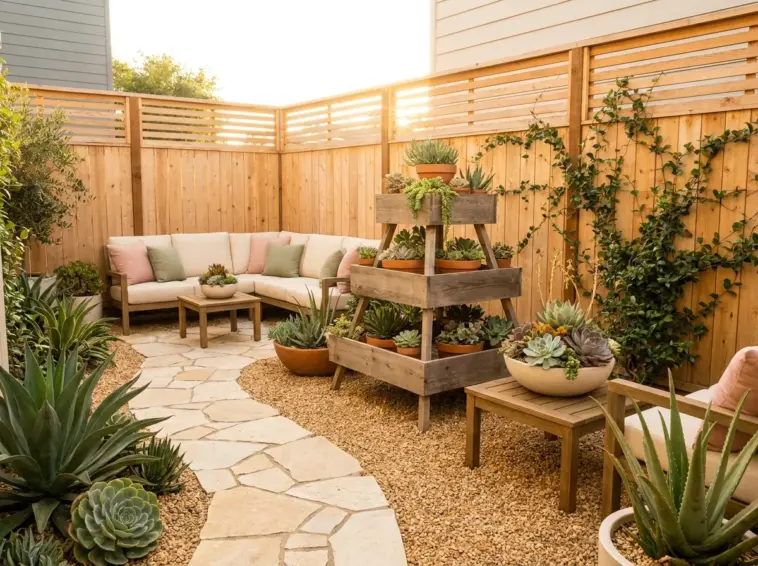 A beautifully designed small backyard succulent garden layout featuring modern patio decor and drought-tolerant landscaping.