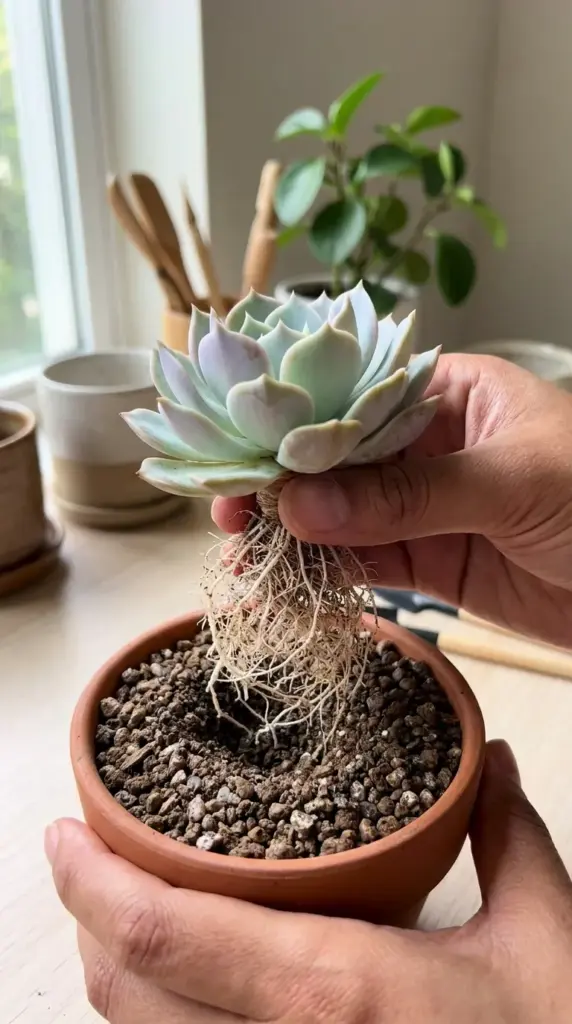 Carefully transplanting a delicate rosette succulent into a container without damaging its fragile roots.