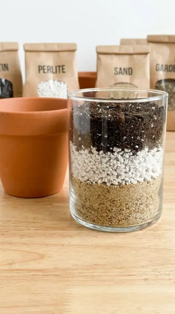 DIY gritty succulent soil mix with perlite and coarse sand next to a drainage pot.