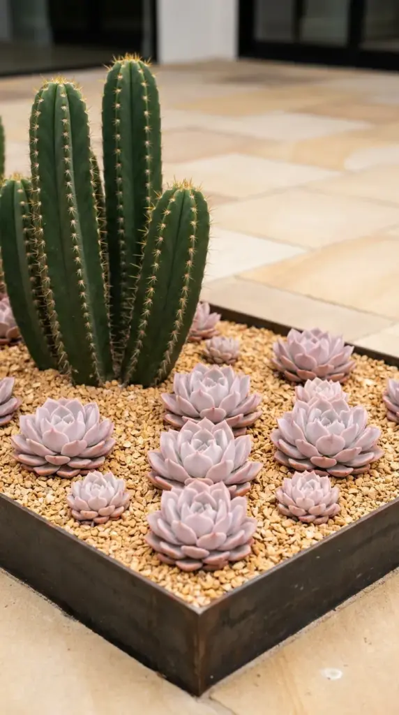 Companion planting arrangement with soft Echeveria rosettes and a structural Mexican fencepost cactus in a raised bed.