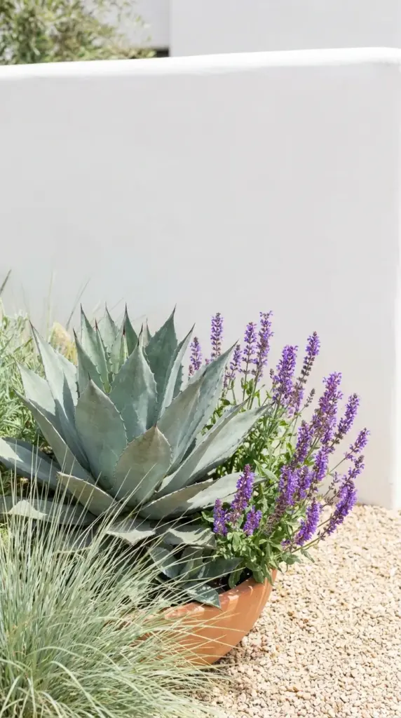 Low water plants including structural agave, purple salvia flowers, and ornamental grasses thriving in a sun drenched yard.