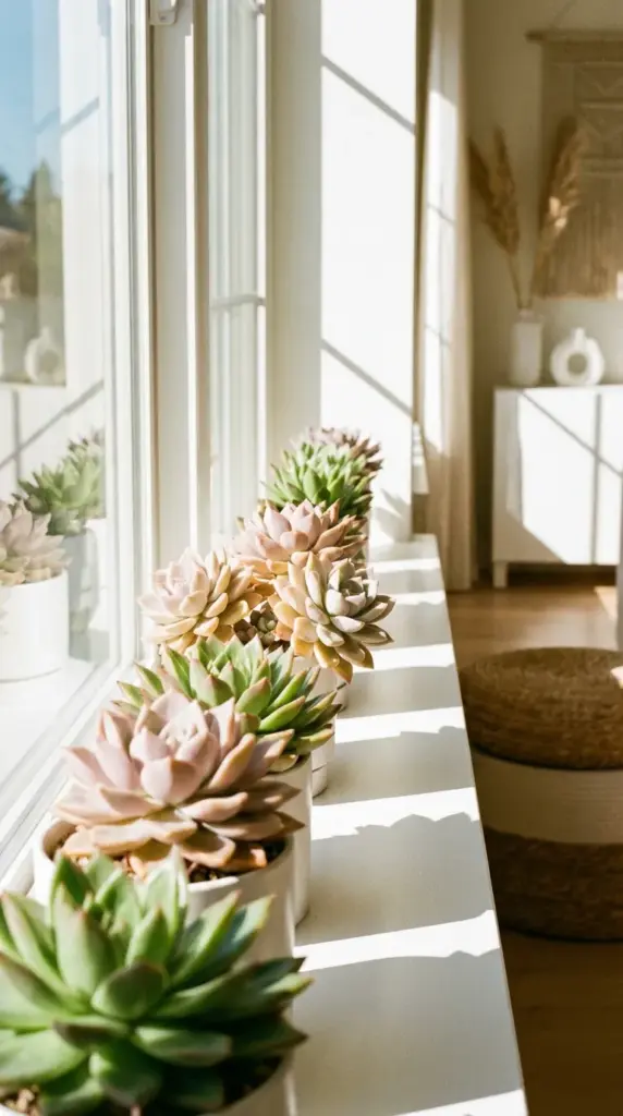 Colorful succulents receiving optimal bright indirect light on a south-facing window sill.