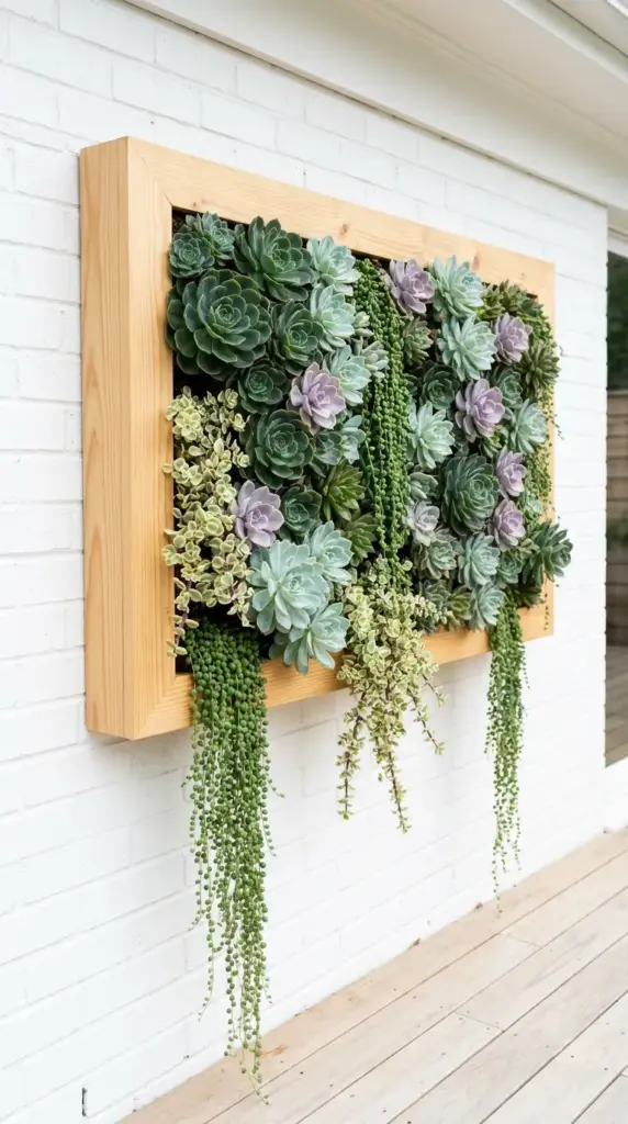 A vertical living wall succulent frame mounted beautifully on a white modern patio wall.