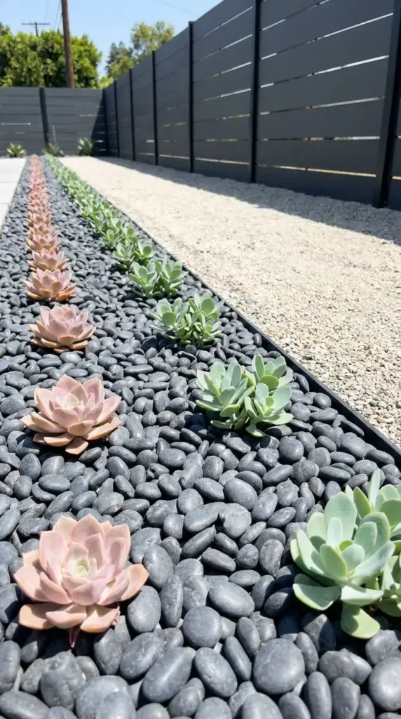 Neatly spaced succulents in a garden bed with a gravel pebble top dressing mulch.