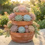 Gorgeous multi-tiered succulent arrangement centerpiece on a sunlit outdoor patio.