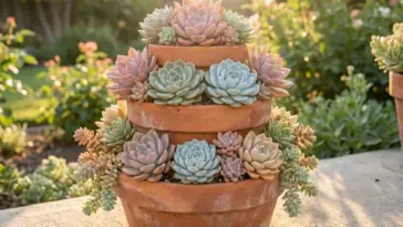 Gorgeous multi-tiered succulent arrangement centerpiece on a sunlit outdoor patio.