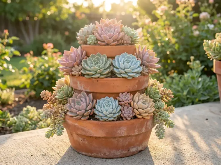 Gorgeous multi-tiered succulent arrangement centerpiece on a sunlit outdoor patio.