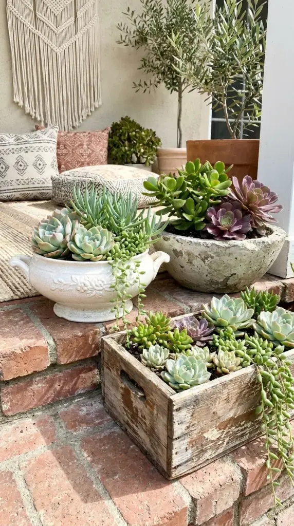 Upcycled vintage ceramic and concrete containers used as creative succulent planters.