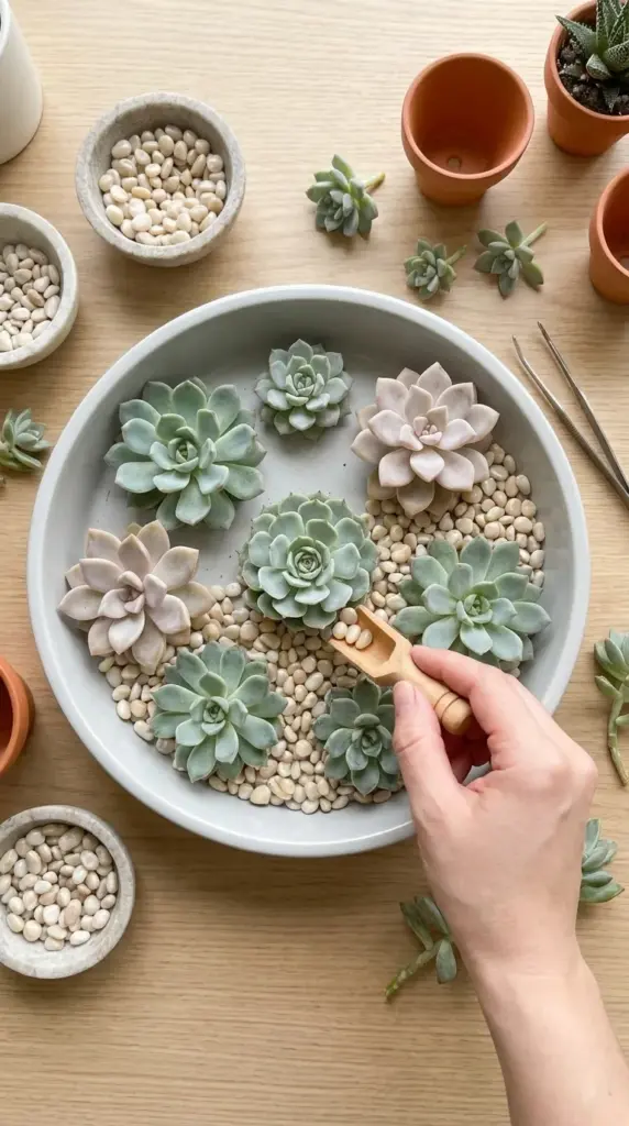 Mapping out visual layout and spacing with river pebble top dressing in a DIY succulent planter arrangement.