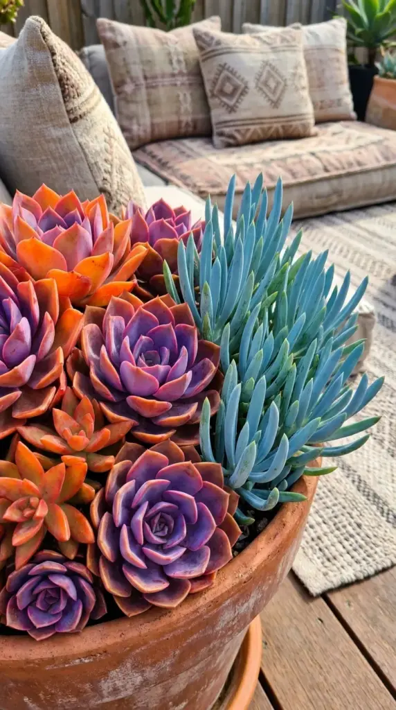 Sun stressed succulents displaying brilliant orange and red tips alongside blue chalksticks for visual contrast.