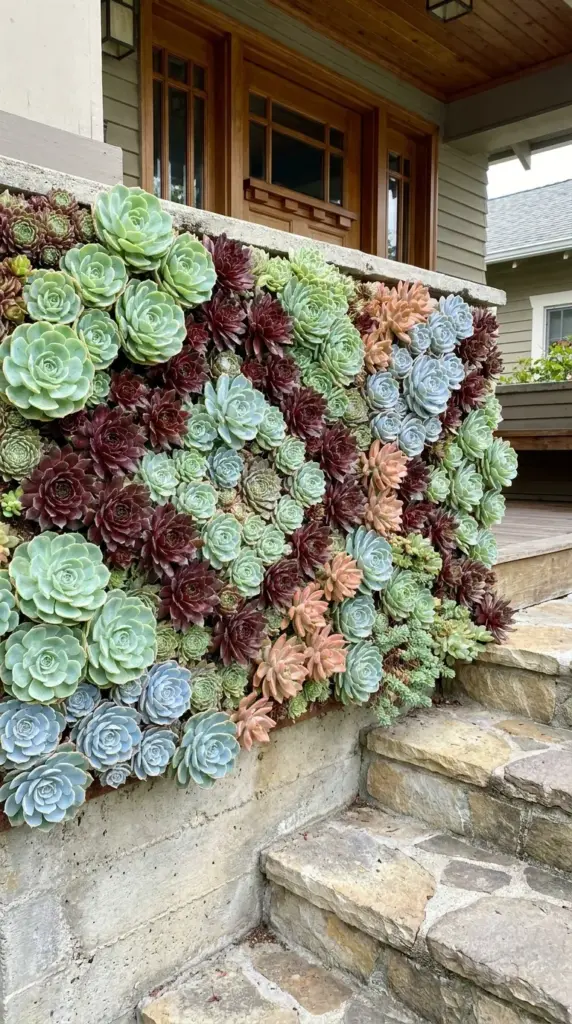 Colorful succulent tapestry garden layout framing a modern front porch foundation.