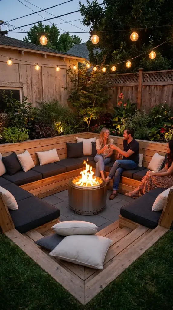 Cozy sunken firepit area with built-in backyard seating, plush cushions, and overhead string lights.