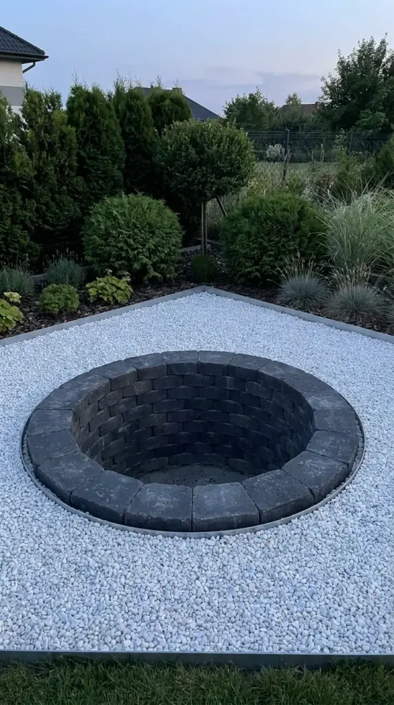 A permanent built-in stone fire pit circle with a pea gravel footprint serving as a backyard patio focal point.