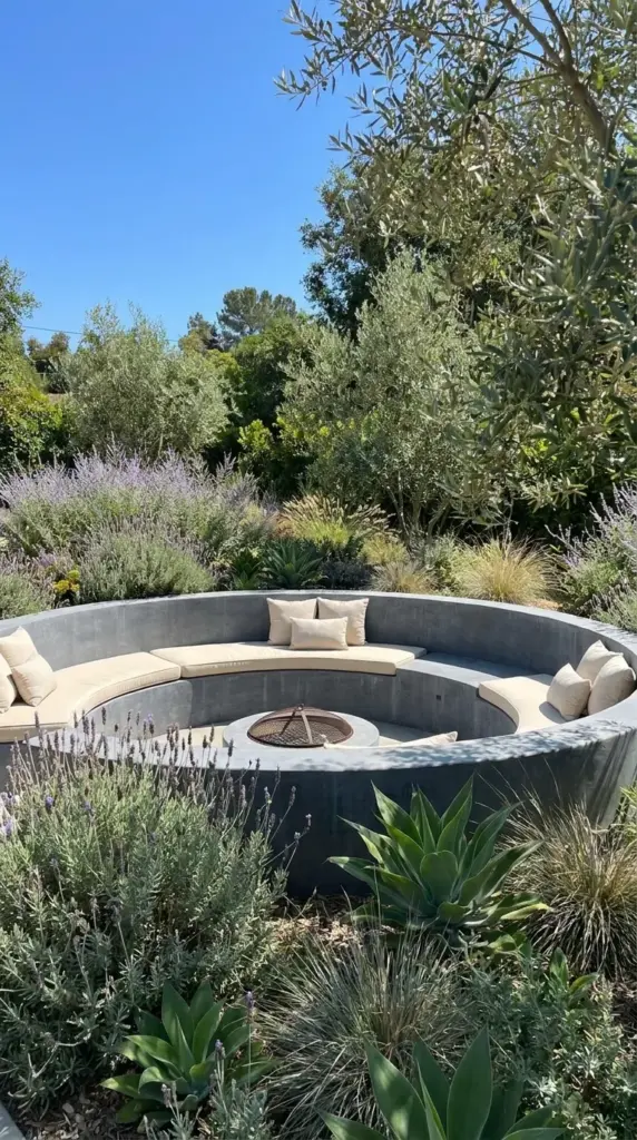 A sunken patio lounge area featuring weatherproof furniture for full sun in a modern backyard design.