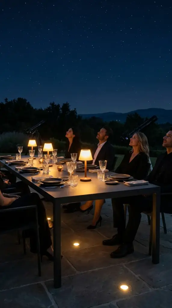 An elegant al fresco dining setup on a roofless patio designed for stargazing with soft amber lighting.