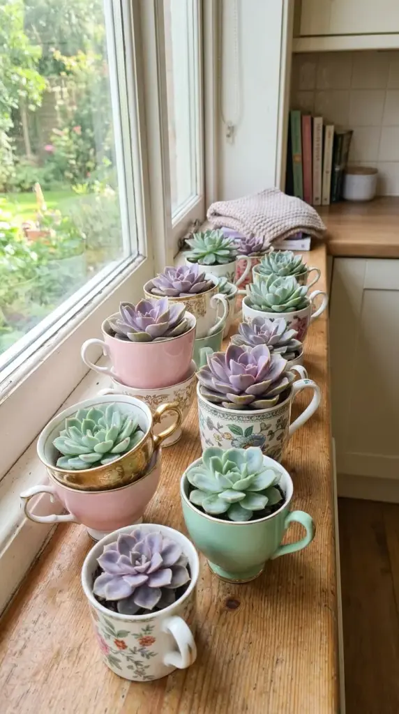 A whimsical windowsill display of small colorful succulent rosettes planted inside vintage porcelain teacups.