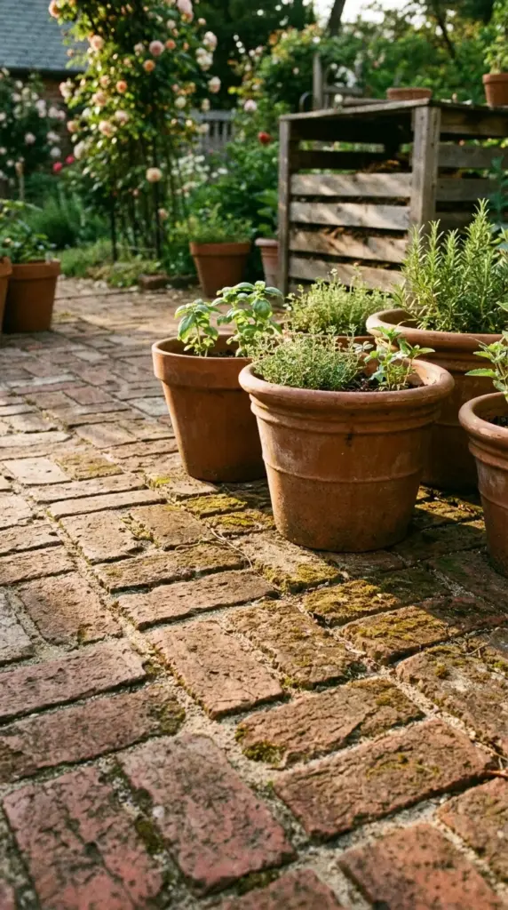 Rustic cottage garden patio made of weathered brick laid on a flexible sand base.