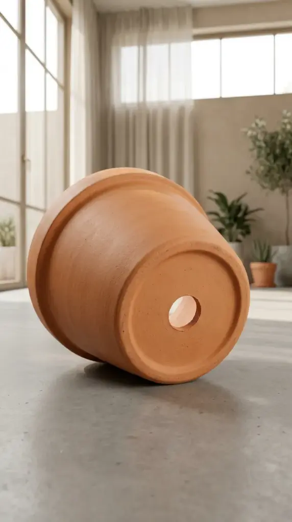 Empty terracotta pots with essential drainage holes to prevent root rot in indoor succulents.
