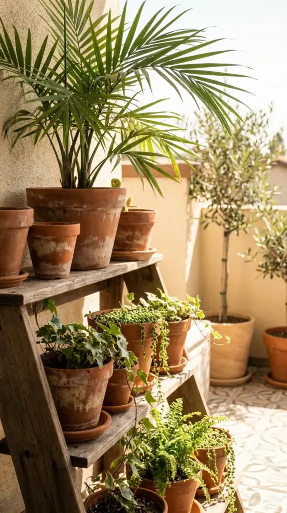 Tiered wooden plant stand filled with weathered terracotta pots and layered greenery for a small balcony.