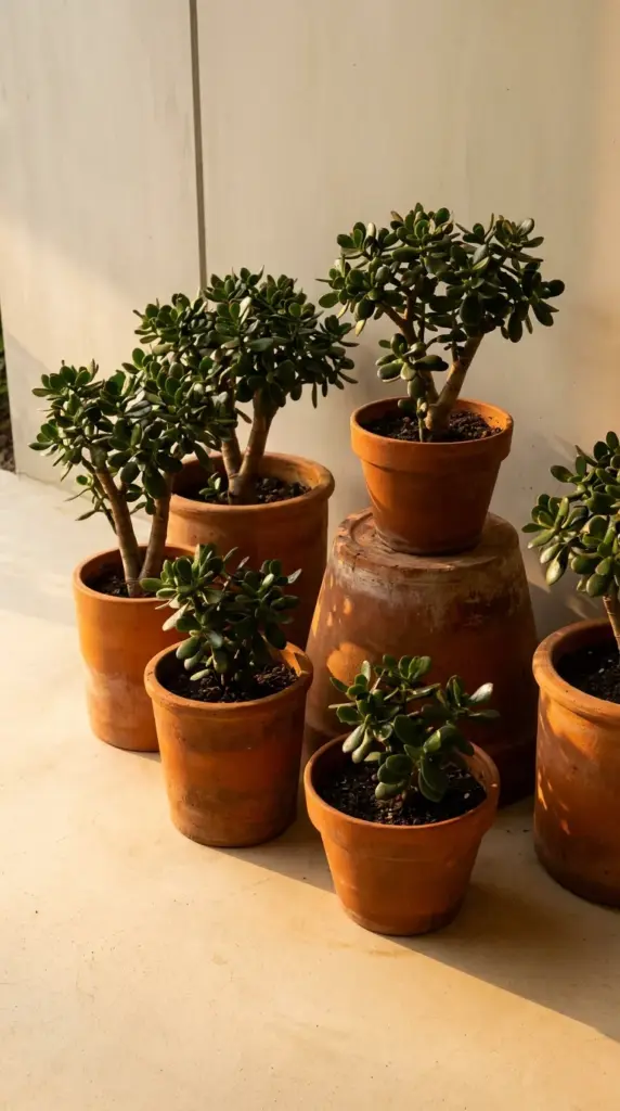 A structured cluster of classic terracotta pots at varying heights planting thick-stemmed Jade plants on a modern patio.