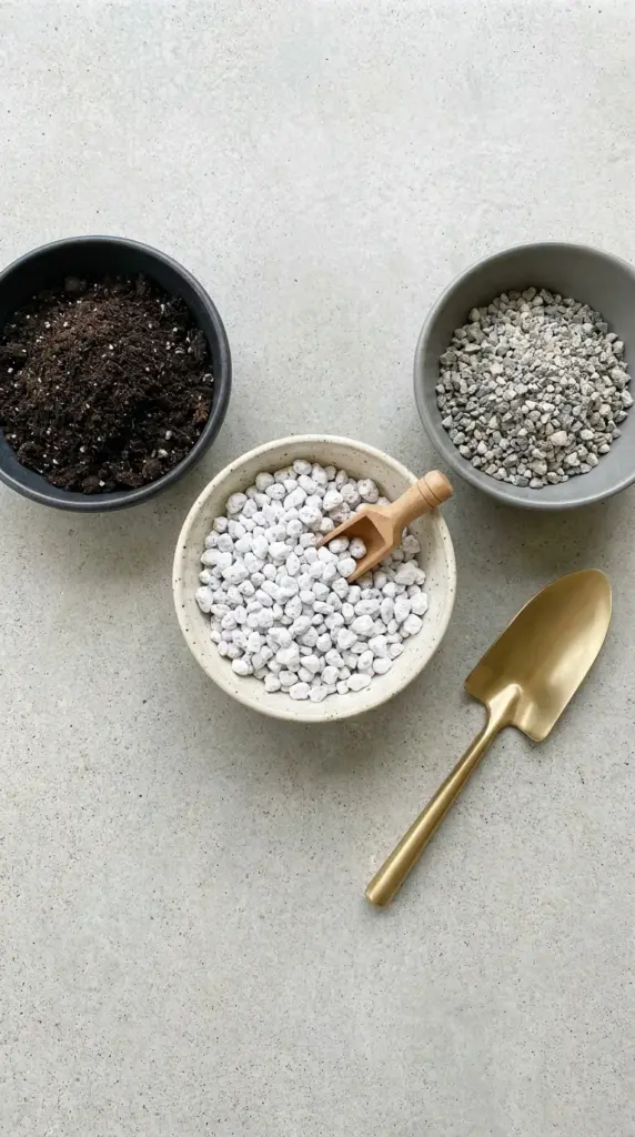 The three components of a custom gritty succulent soil mix including pumice, organic soil, and coarse grit.