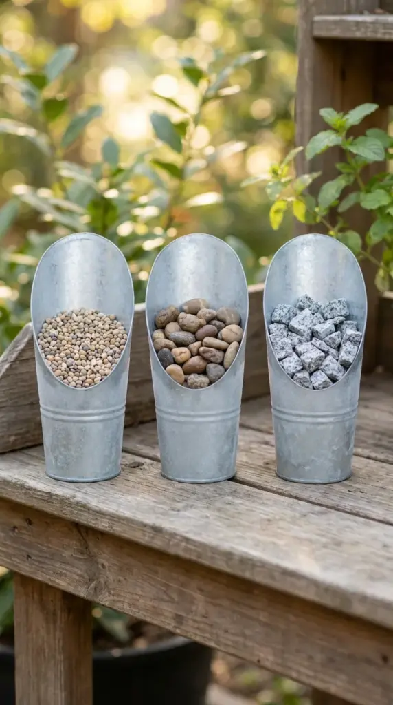 A visual comparison of pea gravel, river rock, and crushed stone to help choose the best landscaping rocks for a fence border.