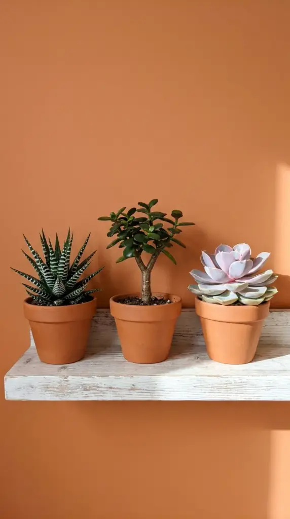 Indestructible starter house plants including a haworthia zebra plant and a jade plant arranged on a minimalist plant shelf.