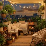 Beautifully styled small balcony garden with layered potted plants, a cozy seating nook, and modern outdoor decor ideas.