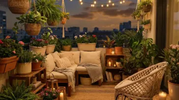 Beautifully styled small balcony garden with layered potted plants, a cozy seating nook, and modern outdoor decor ideas.