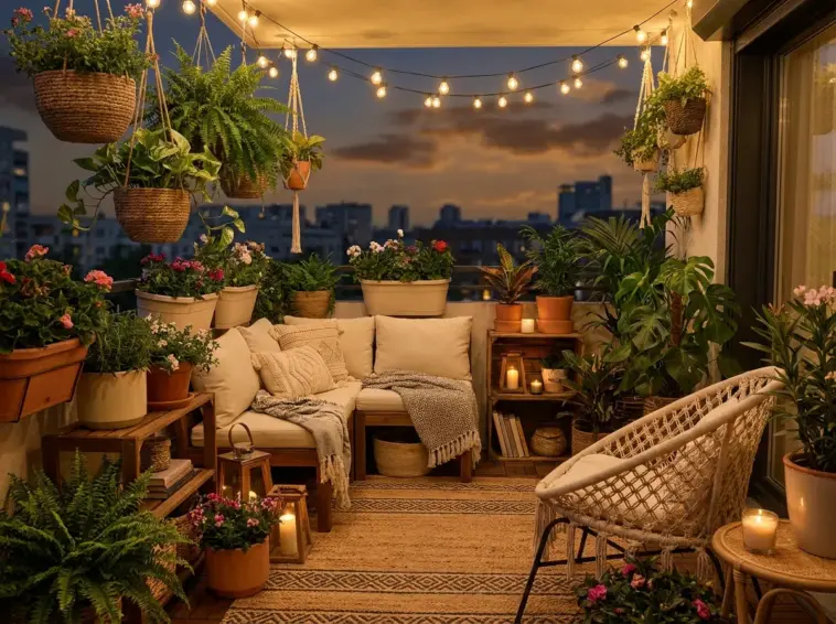 Beautifully styled small balcony garden with layered potted plants, a cozy seating nook, and modern outdoor decor ideas.