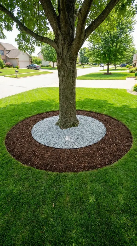 Instant curb appeal featuring a clean DIY mulch and gravel ring around a specimen front yard tree.